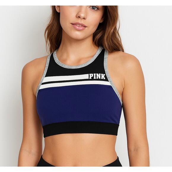 NEW- Victoria’s Secret PINK Colorblock Sports Bra Blue Black White Size Small - Picture 1 of 4
